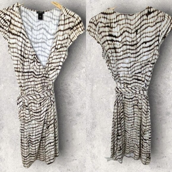 Ann Taylor Animal Print Wrap Dress Midi Belt‎ Tie Waist XS Brown White V-Neck - Picture 4 of 15